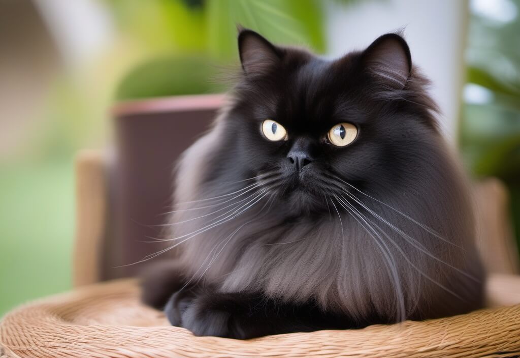 Black Persian cat relaxing on stool