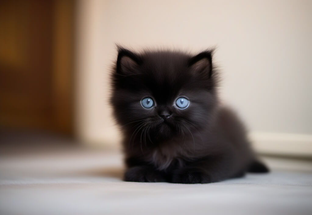 Black Persian kitten sitting on floor
