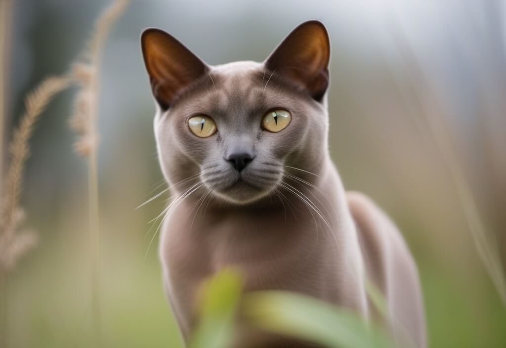 Burmese cat sitting in field