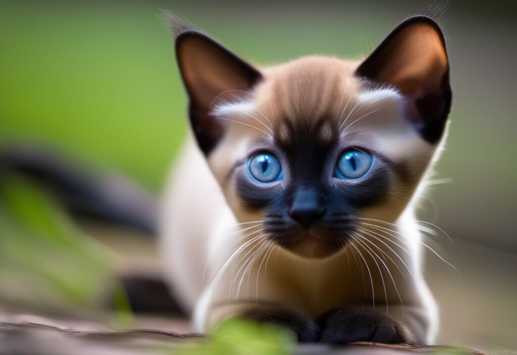 Burmese kitten next to bush