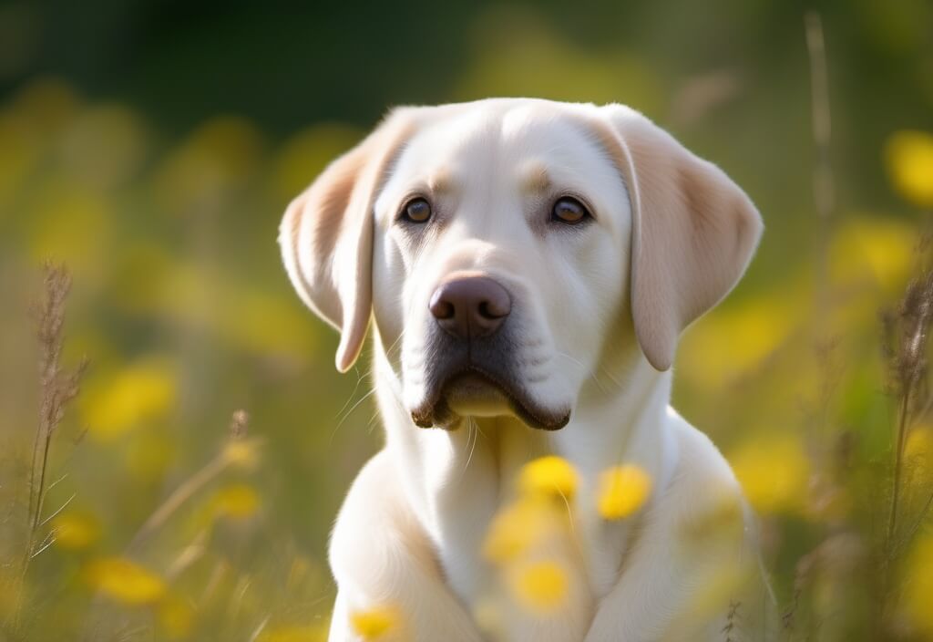 Labrador Retriever in flowers