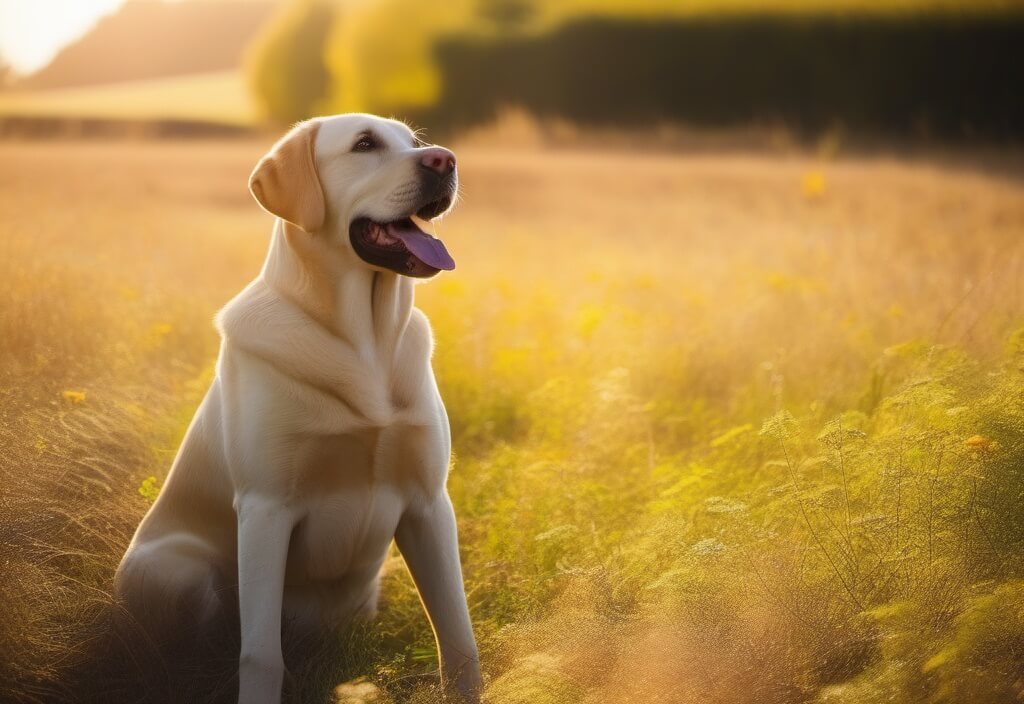 Labrador Retriever in the sun on wheat field