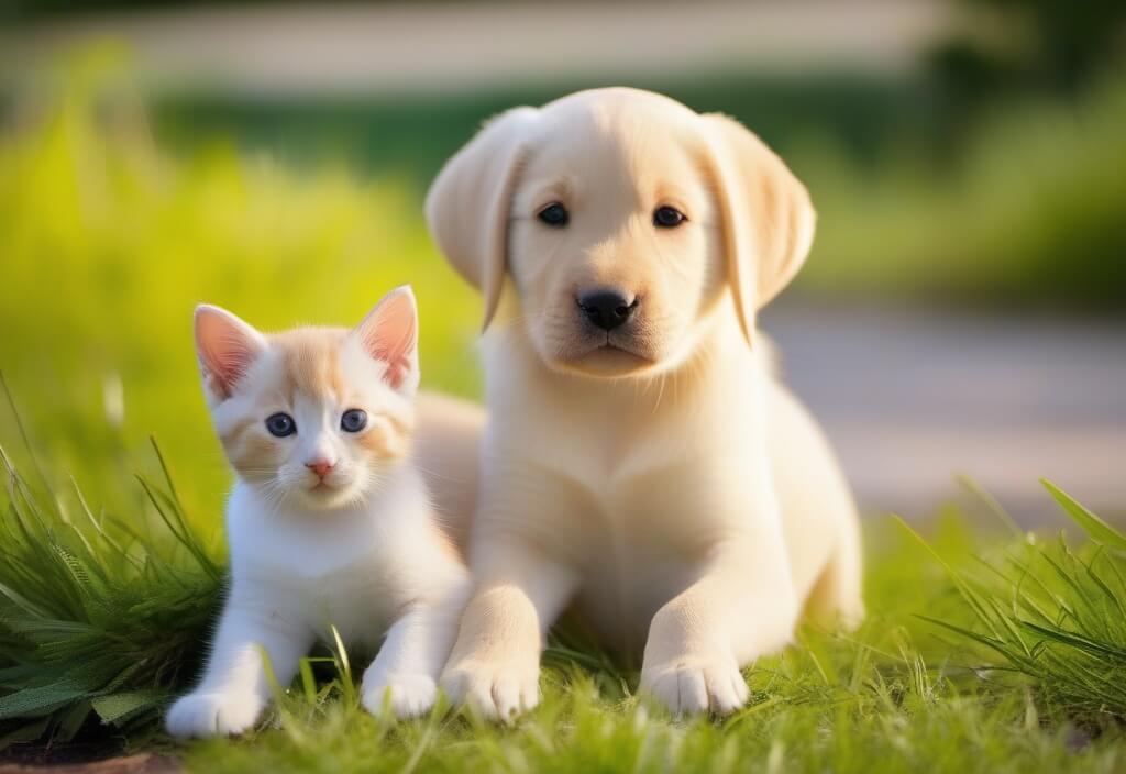 Labrador Retriever puppy and kitten on grass