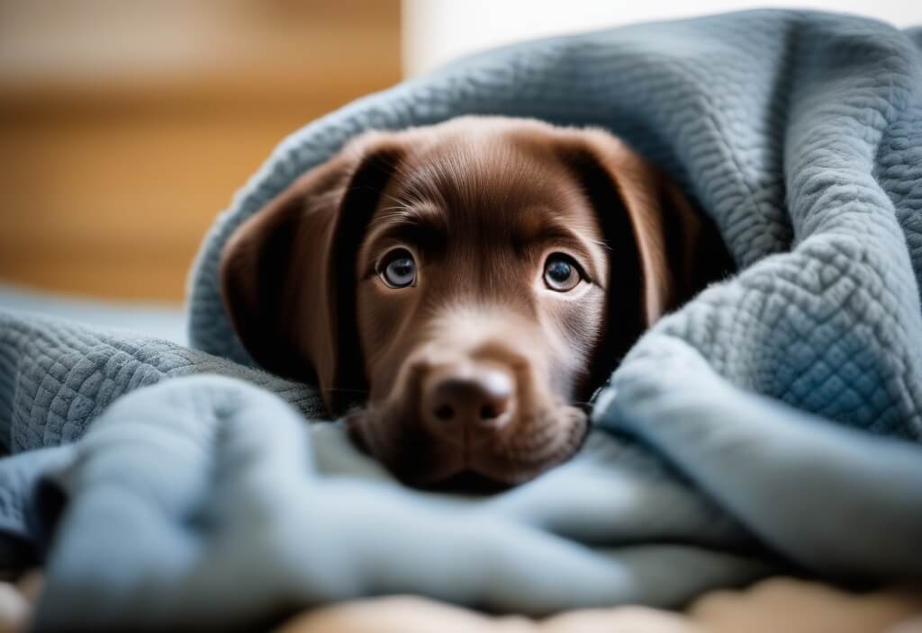 Labrador Retriever puppy in blanket