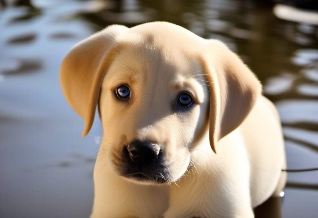 Labrador Retriever puppy next to water