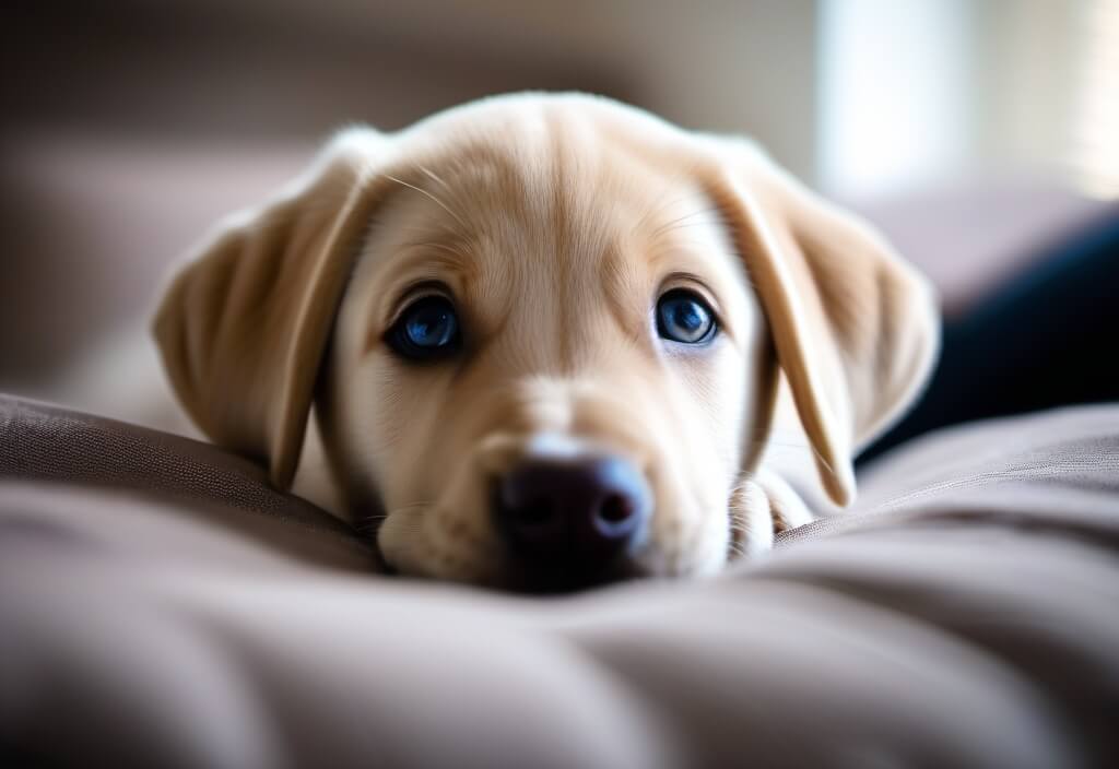 Labrador Retriever puppy on bed