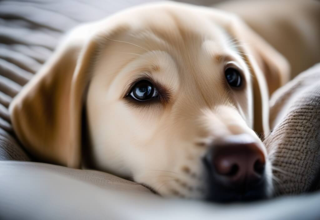 Labrador Retriever puppy on bed