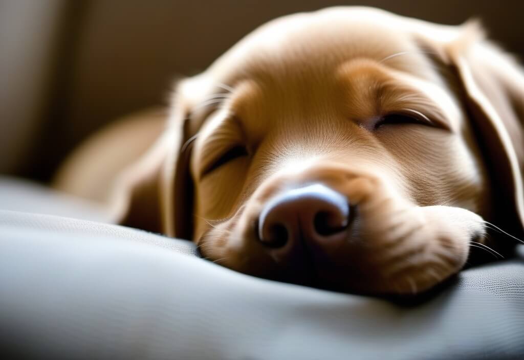 Labrador Retriever puppy sleeping on bed