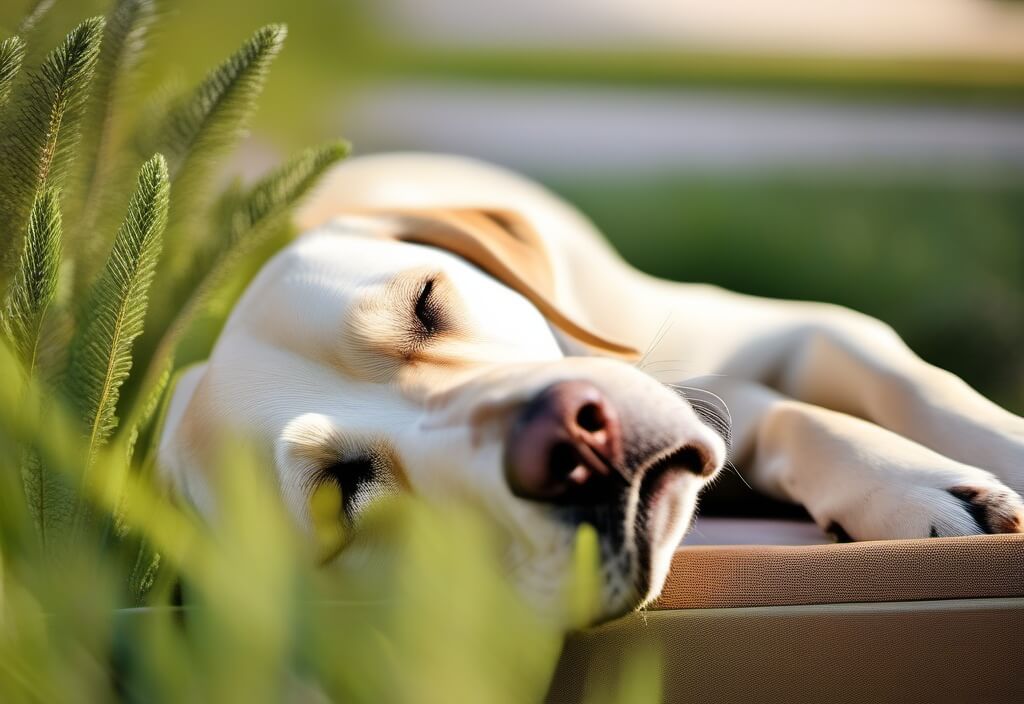 Labrador Retriever sleeping outside