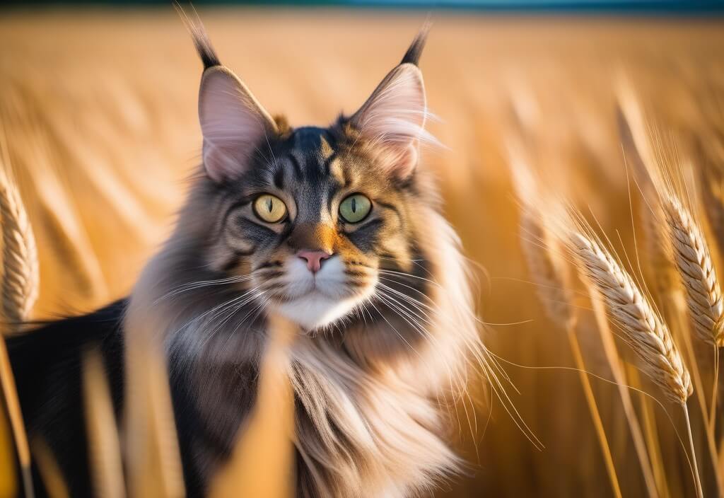 Maine Coon cat in wheat field