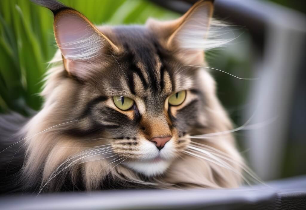 Maine Coon cat on garden chair