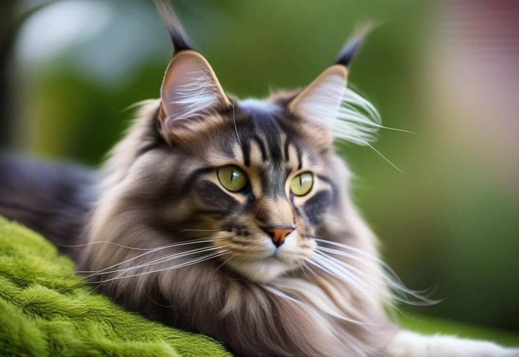 Maine Coon cat on green blanket outside