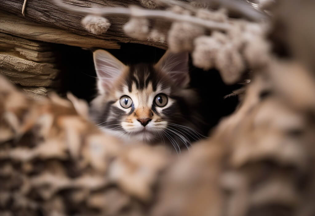 Maine Coon kitten hiding in tree