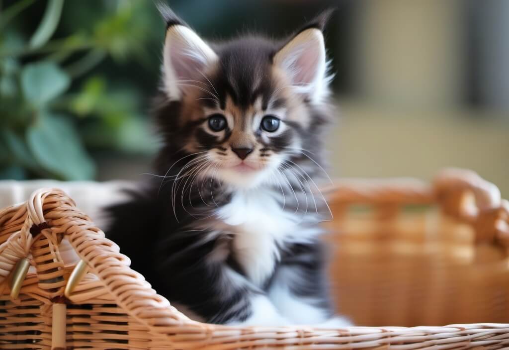 Maine Coon kitten in basket