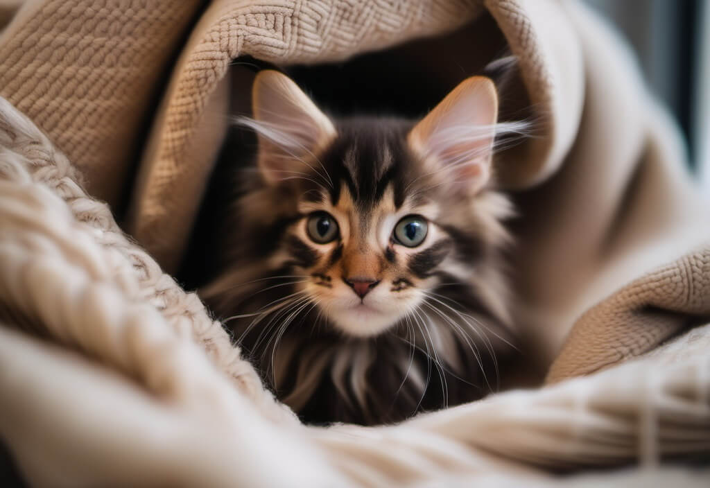 Maine Coon kitten in blanket