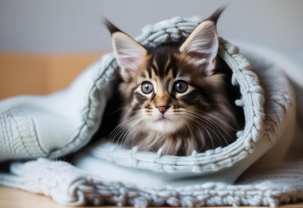 Maine Coon kitten in blanket