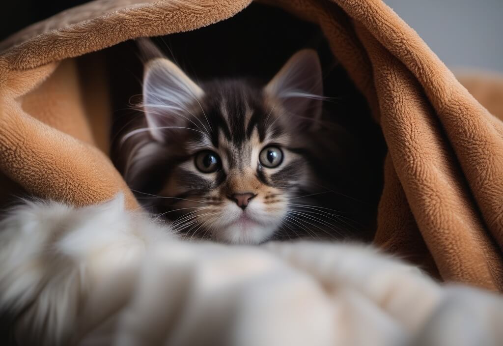 Maine Coon kitten in blanket