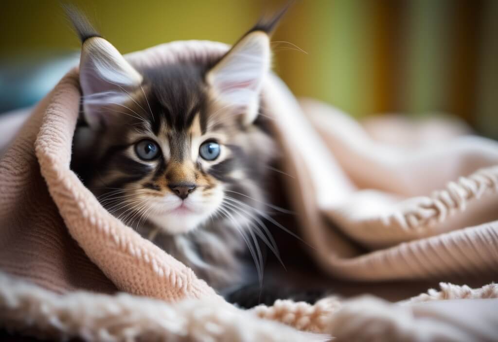 Maine Coon kitten in blanket