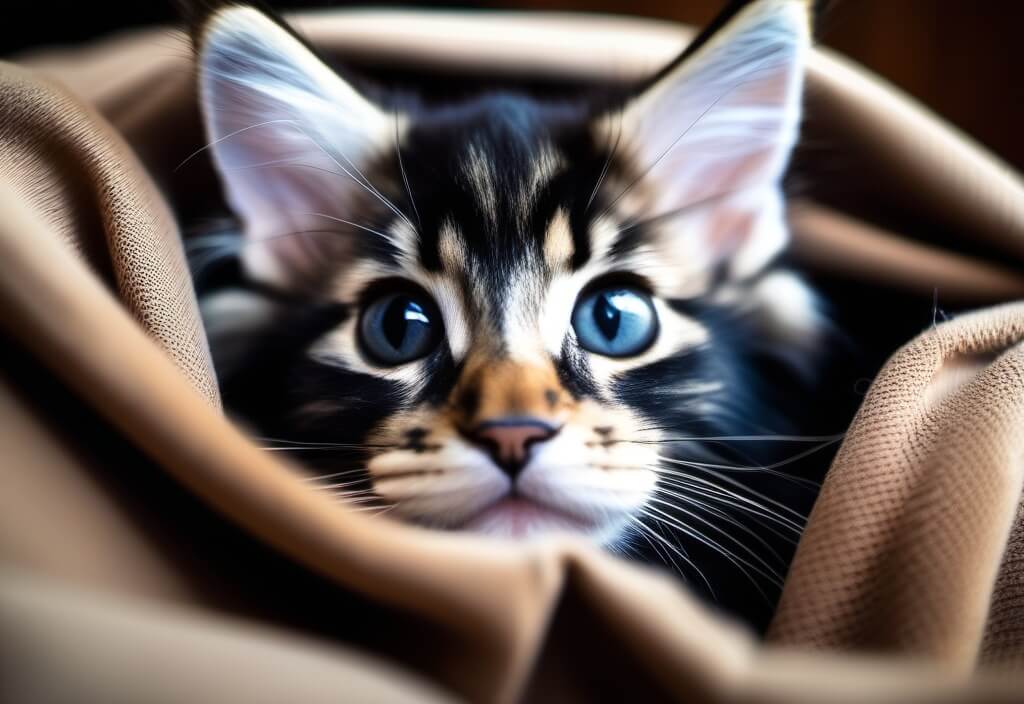 Maine Coon kitten in brown blanket