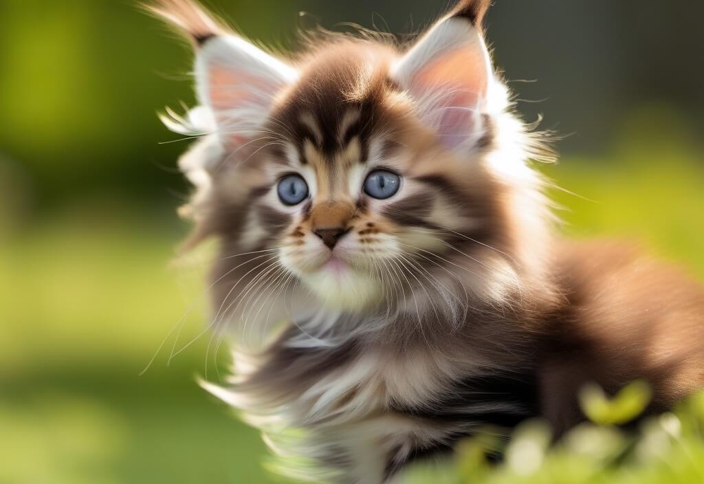 Maine Coon kitten in flower field