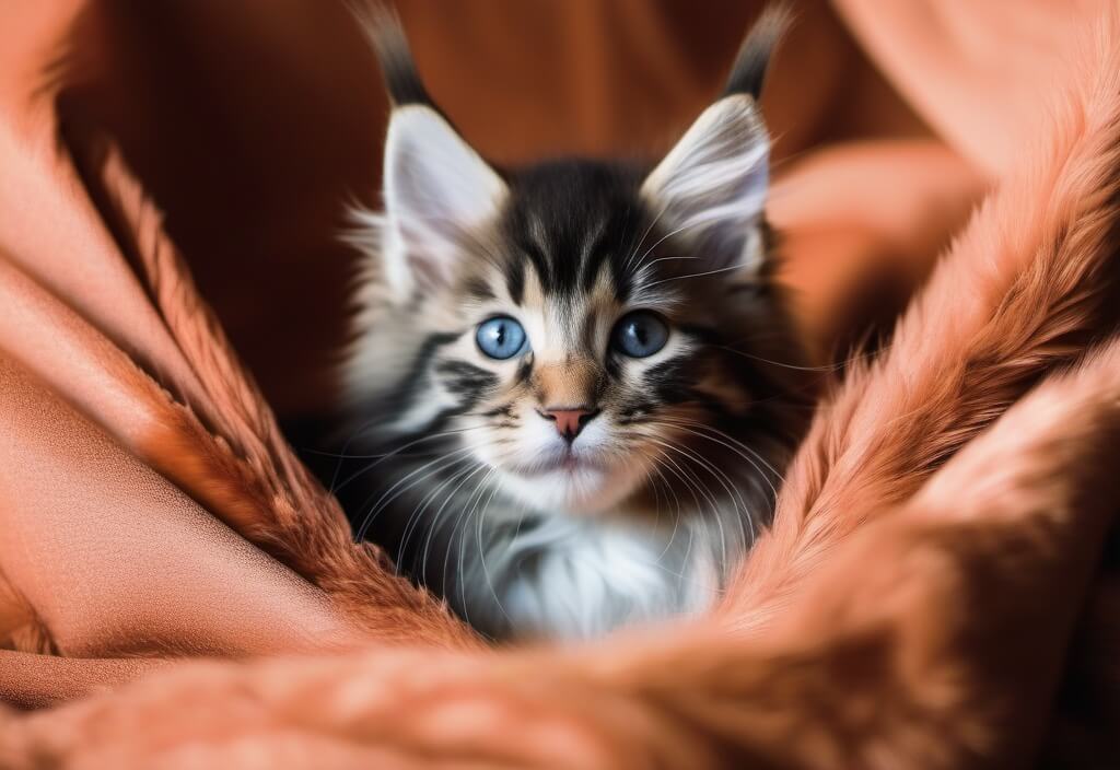 Maine Coon kitten in orange blanket