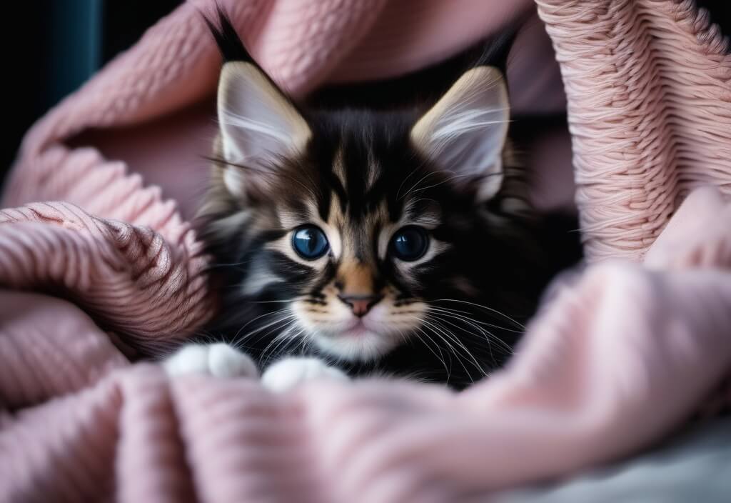 Maine Coon kitten in pink blanket