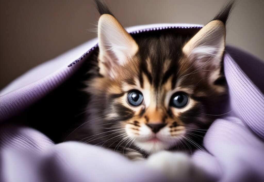 Maine Coon kitten in violet blanket