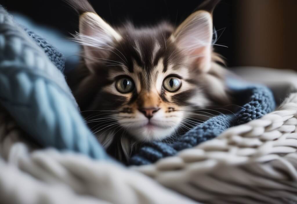 Maine Coon kitten in woven blanket