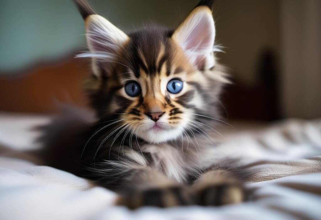 Maine Coon kitten on bed