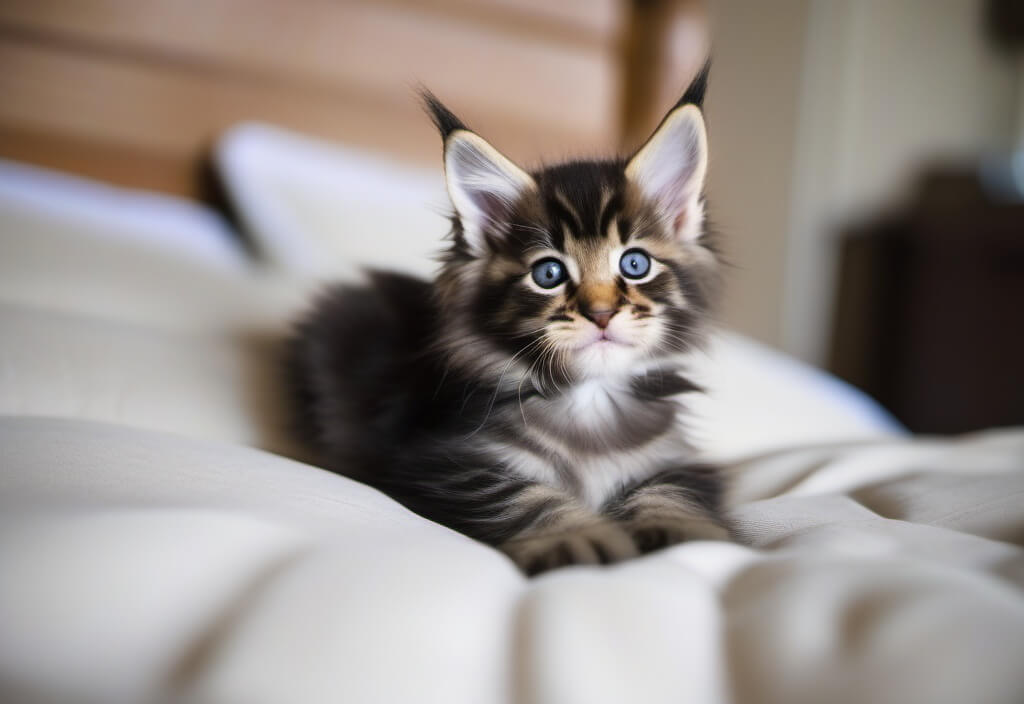 Maine Coon kitten on beige bed