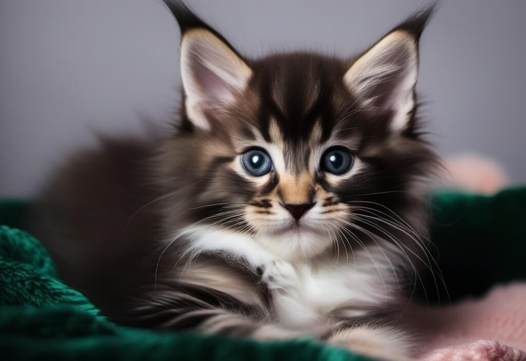 Maine Coon kitten on green velvet blanket