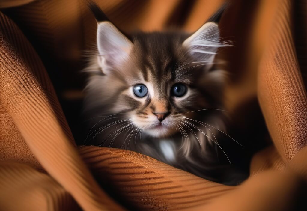 Maine Coon kitten wrapped in brown textile
