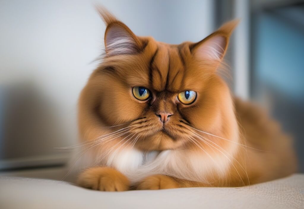 Orange Persian cat sitting on bed