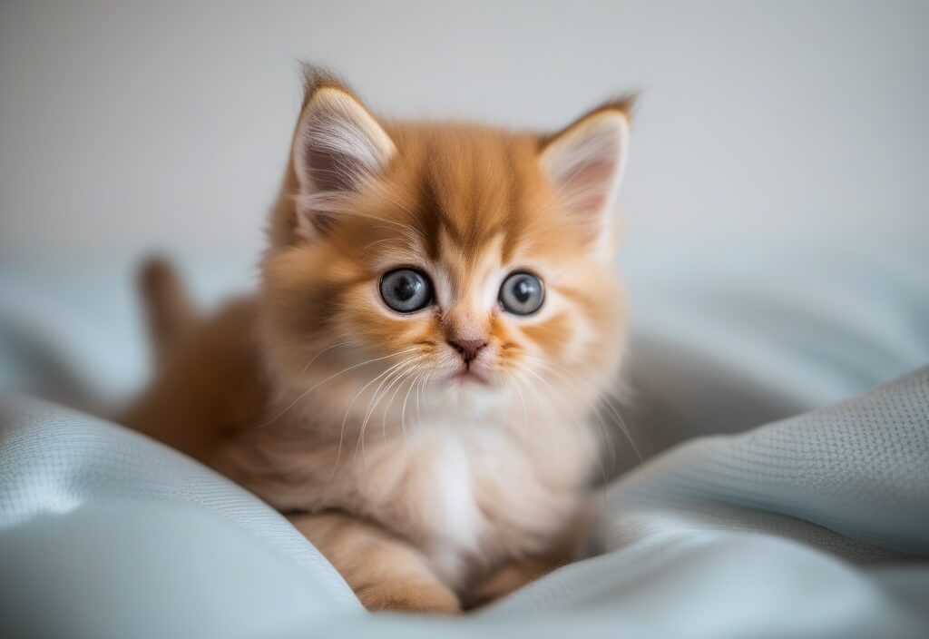 Orange Persian kitten relaxing on bed