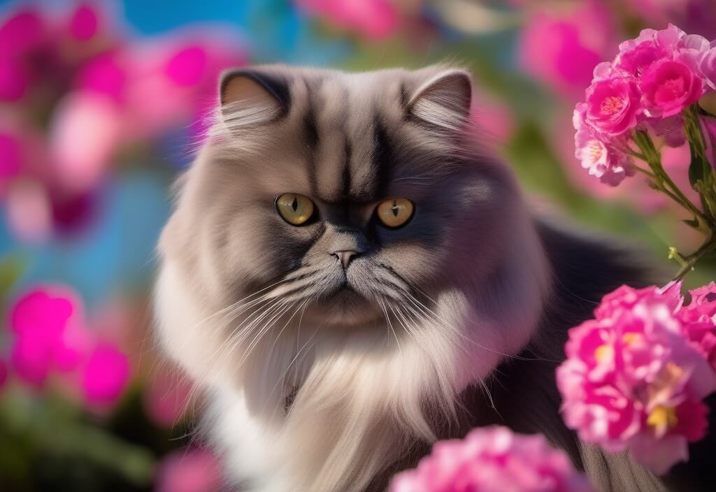 Persian cat between flowers