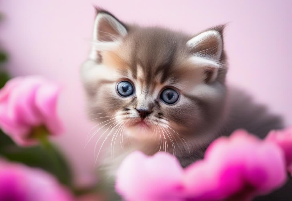 Persian kitten between flowers