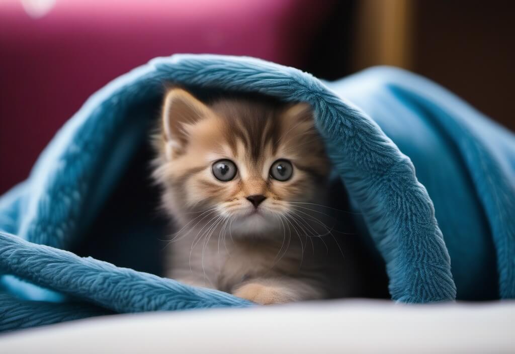 Persian kitten hiding in blue blanket