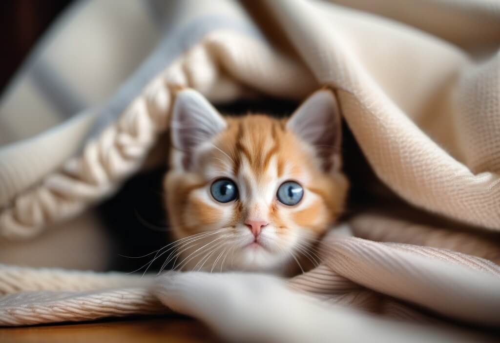 Persian kitten hiding in blanket