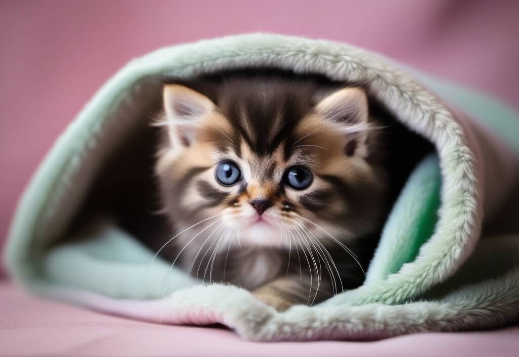 Persian kitten in blue blanket