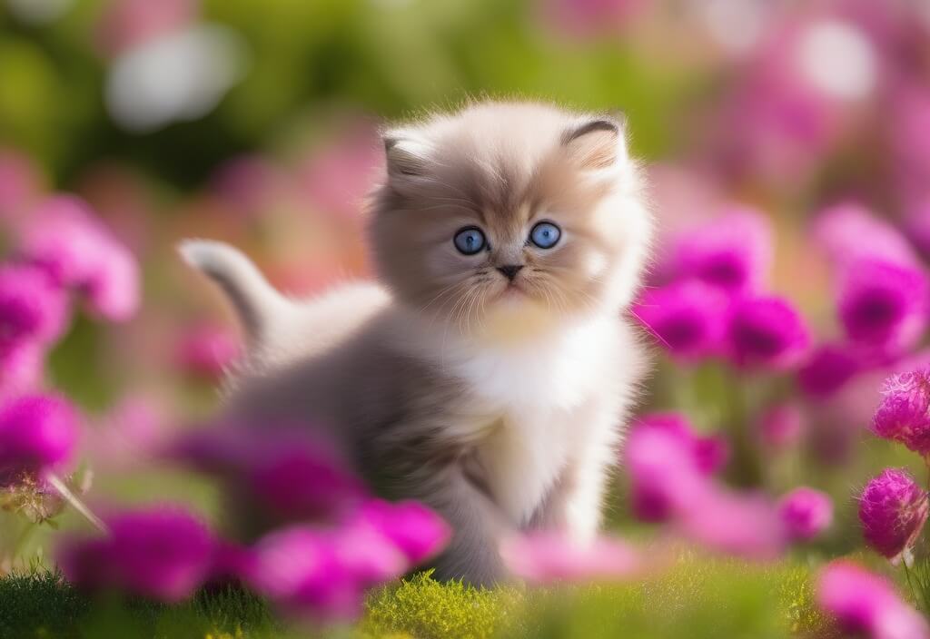 Persian kitten in flower field