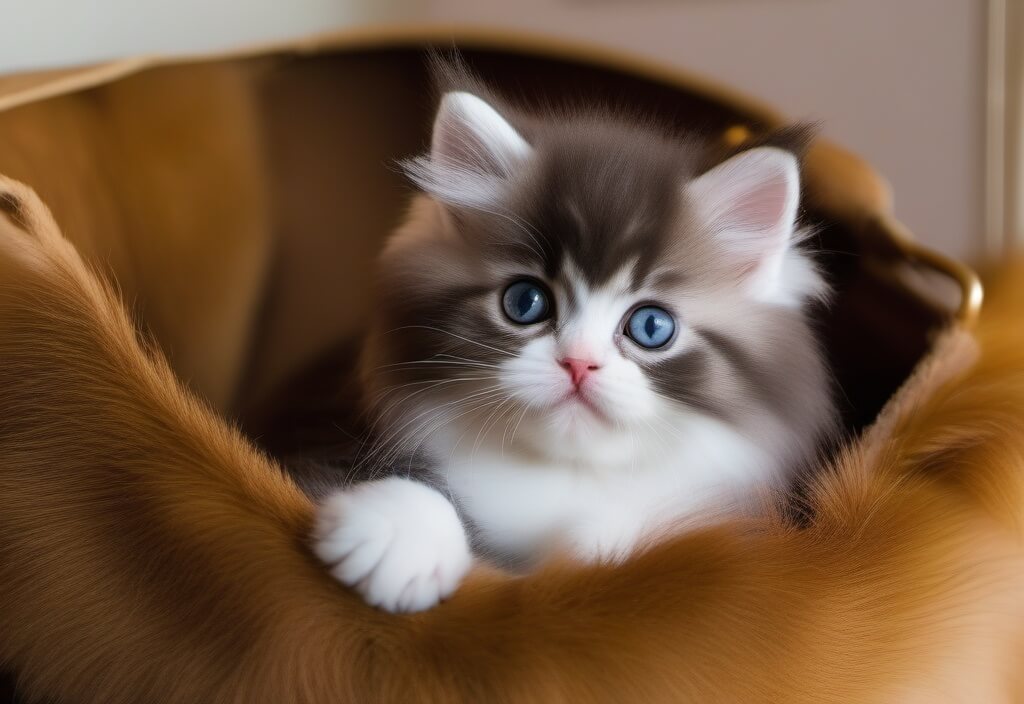 Persian kitten in fur basket
