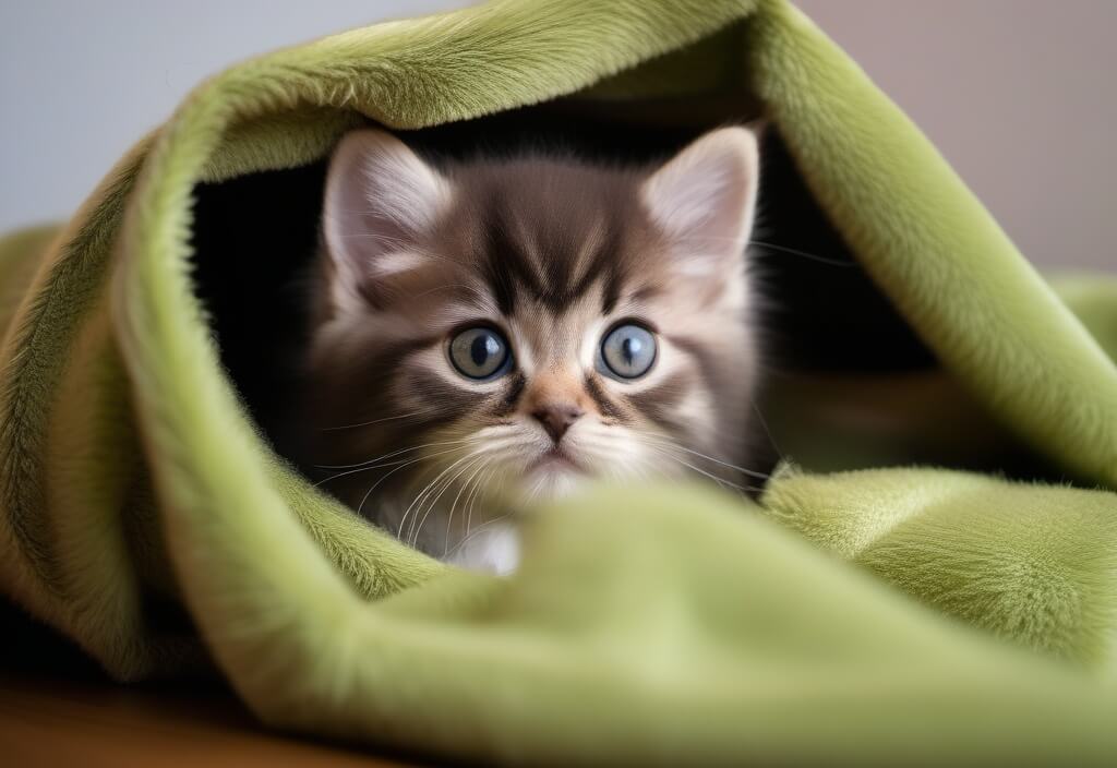 Persian kitten in gray blanket