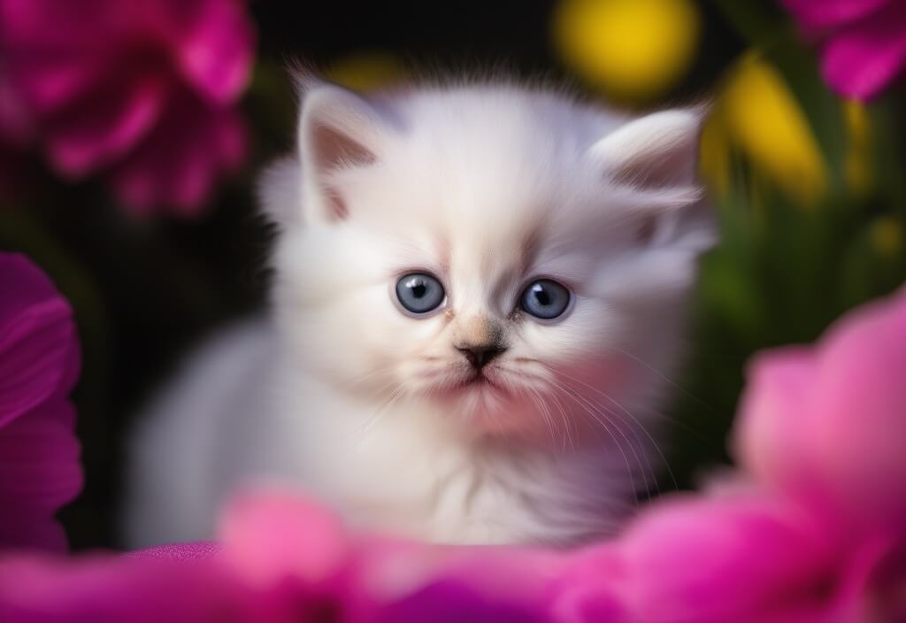 Persian kitten sitting between flowers
