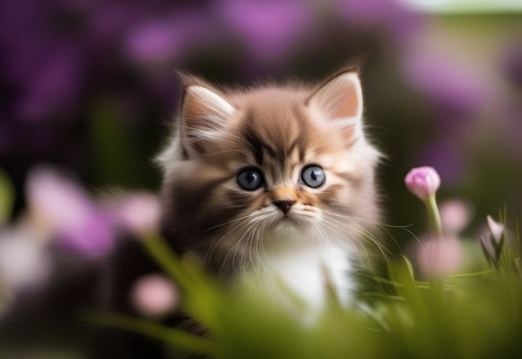 Persian kitten sitting in between flowers