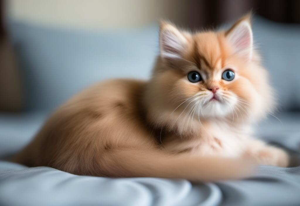 Persian kitten sitting on bed