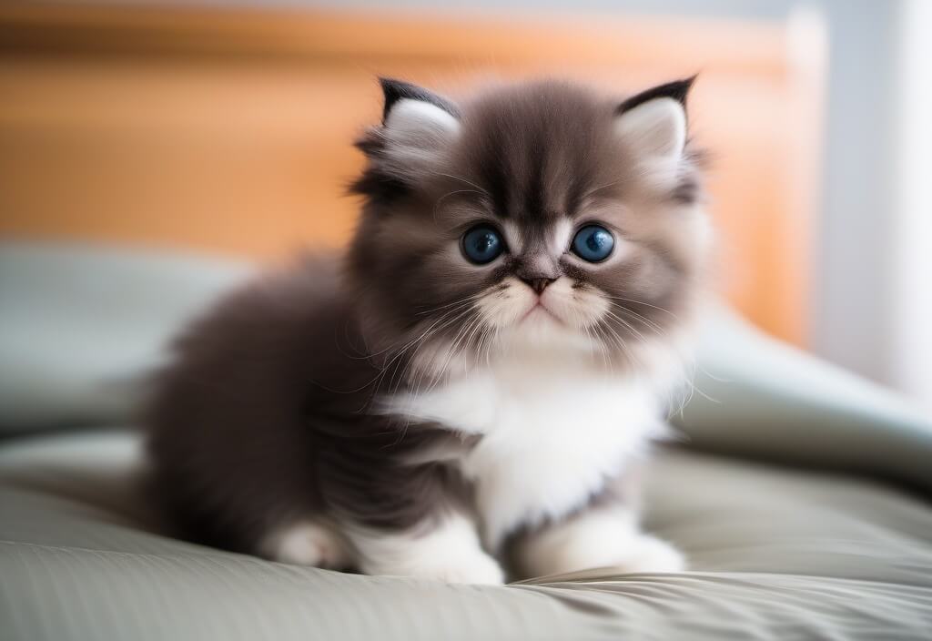 Persian kitten sitting on bed