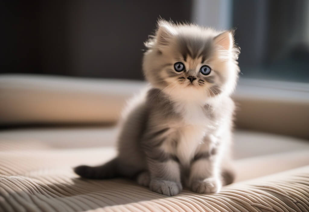 Persian kitten sitting on cat bed