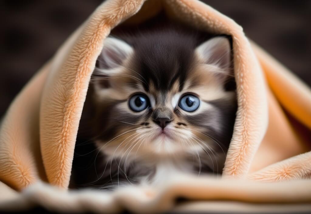 Persian kitten wrapped in blanket