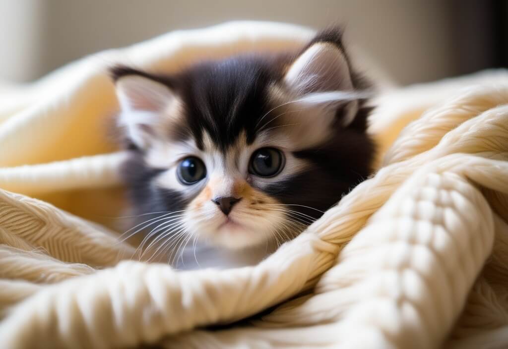 Persian kitten wrapped in blanket