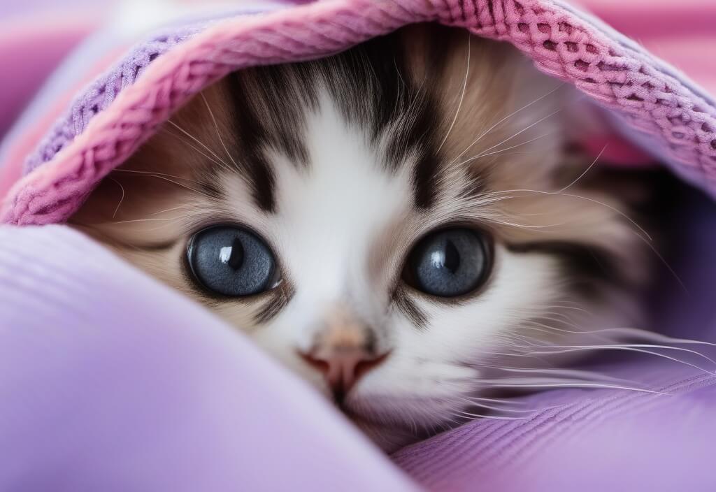 Persian kitten wrapped in pink blanket